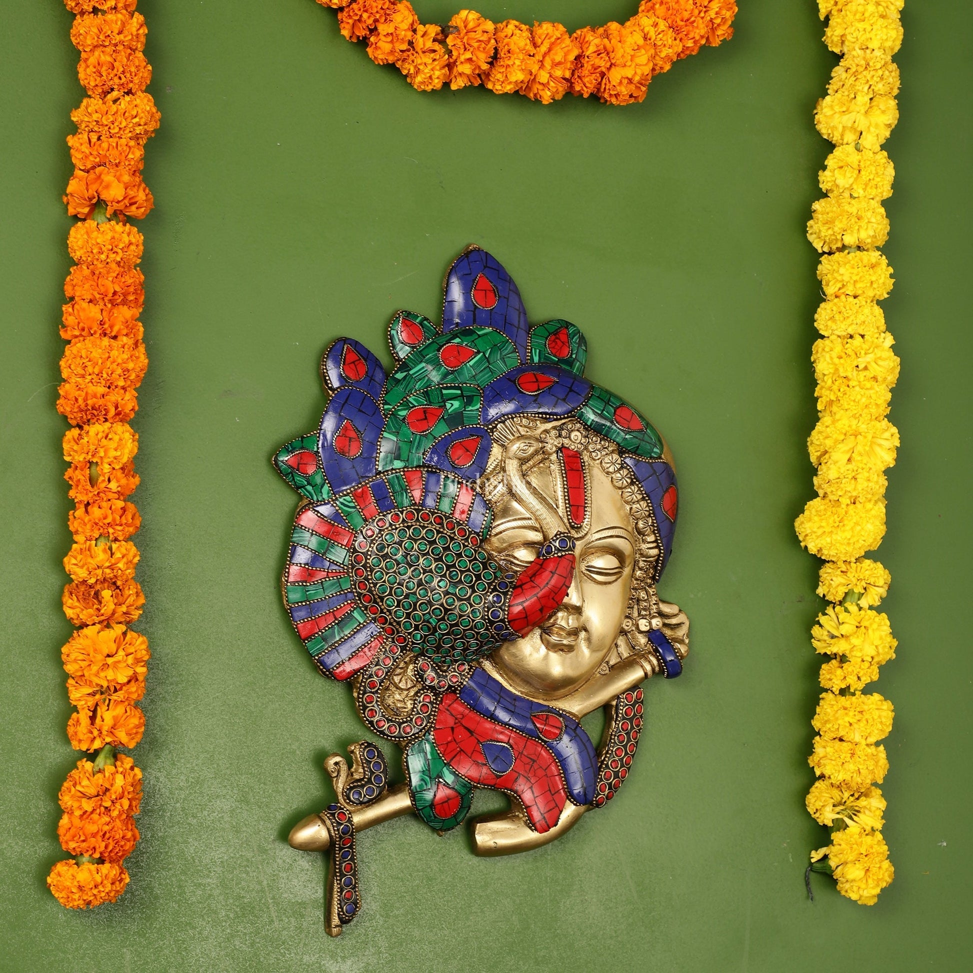 Brass Lord Krishna Face Wall Hanging with Peacock Design - 12.5 x 9 inch