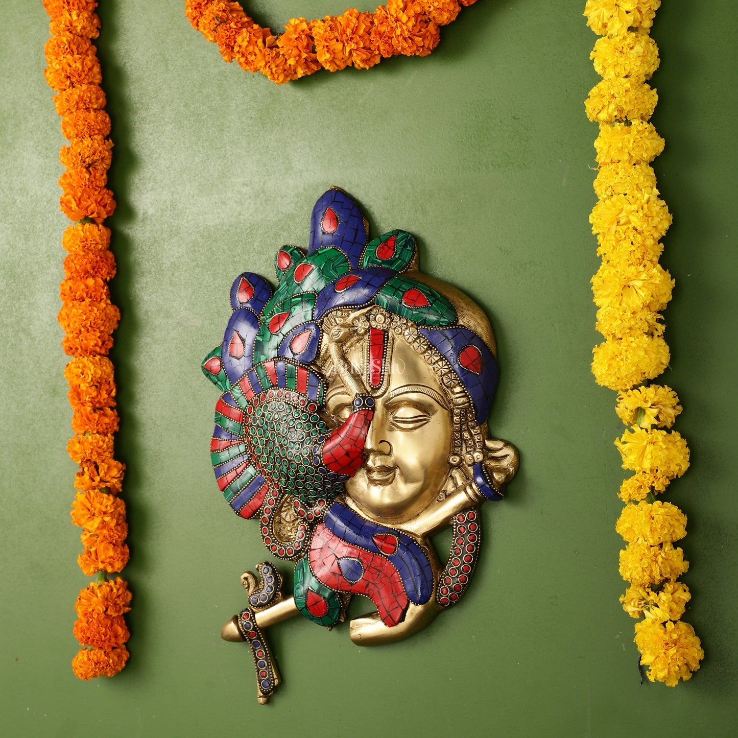 Brass Lord Krishna Face Wall Hanging with Peacock Design - 12.5 x 9 inch