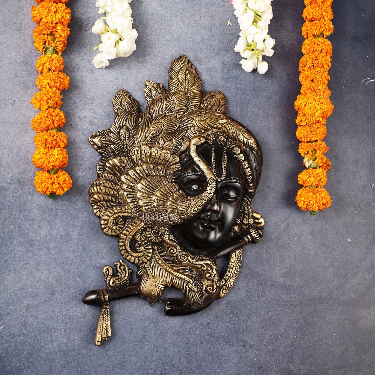 Brass Lord Krishna Face Wall Hanging with Peacock Design - 12.5 x 9 inch