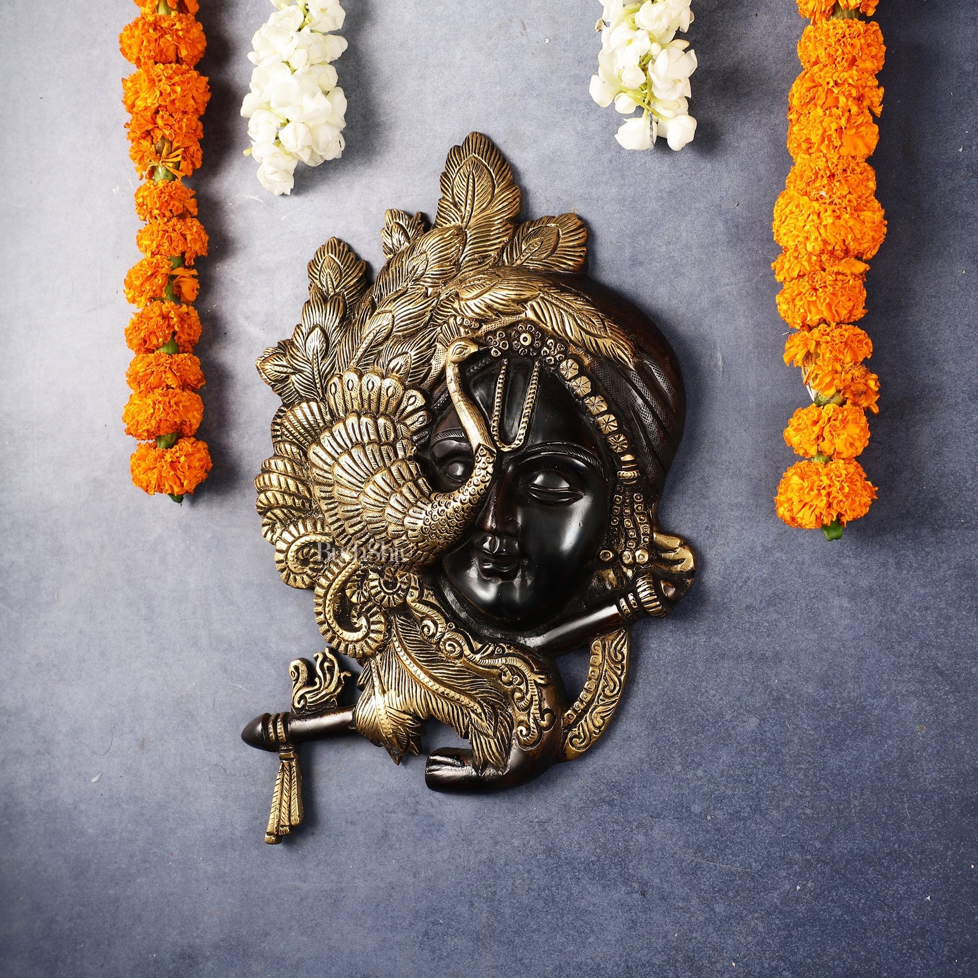 Brass Lord Krishna Face Wall Hanging with Peacock Design - 12.5 x 9 inch