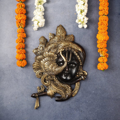 Brass Lord Krishna Face Wall Hanging with Peacock Design - 12.5 x 9 inch