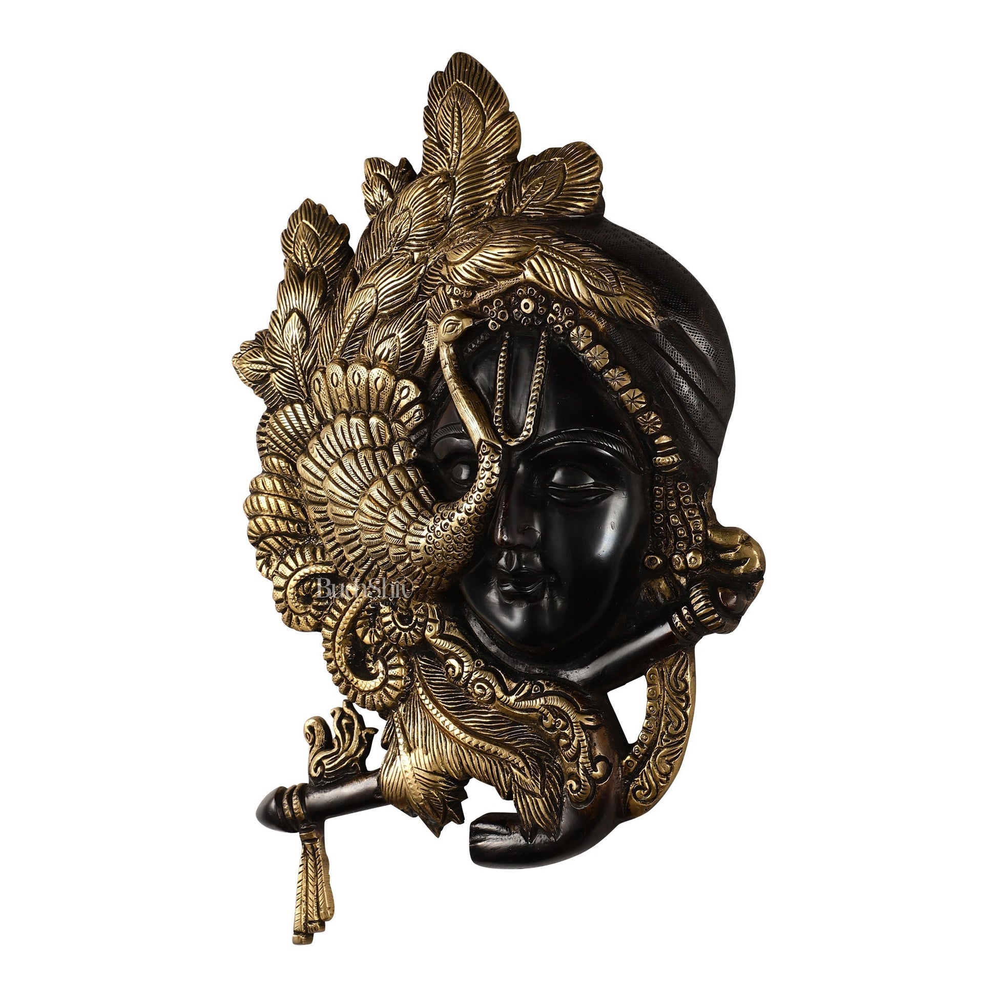 Brass Lord Krishna Face Wall Hanging with Peacock Design - 12.5 x 9 inch