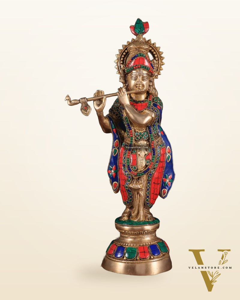 Brass Lord Krishna Idol with stonework - 18 Inch
