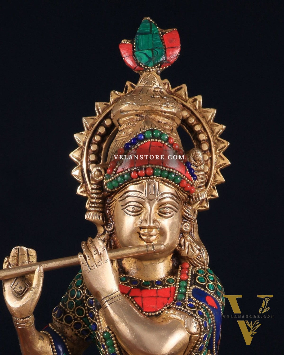 Brass Lord Krishna Idol with stonework - 18 Inch
