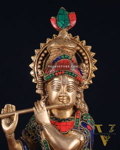 Brass Lord Krishna Idol with stonework - 18 Inch