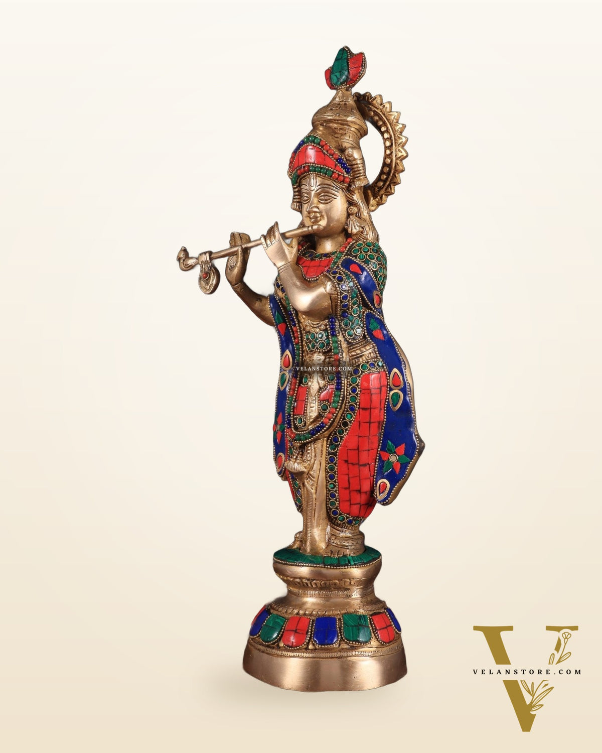 Brass Lord Krishna Idol with stonework - 18 Inch
