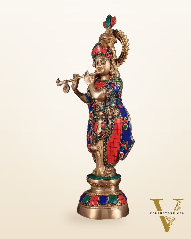 Brass Lord Krishna Idol with stonework - 18 Inch