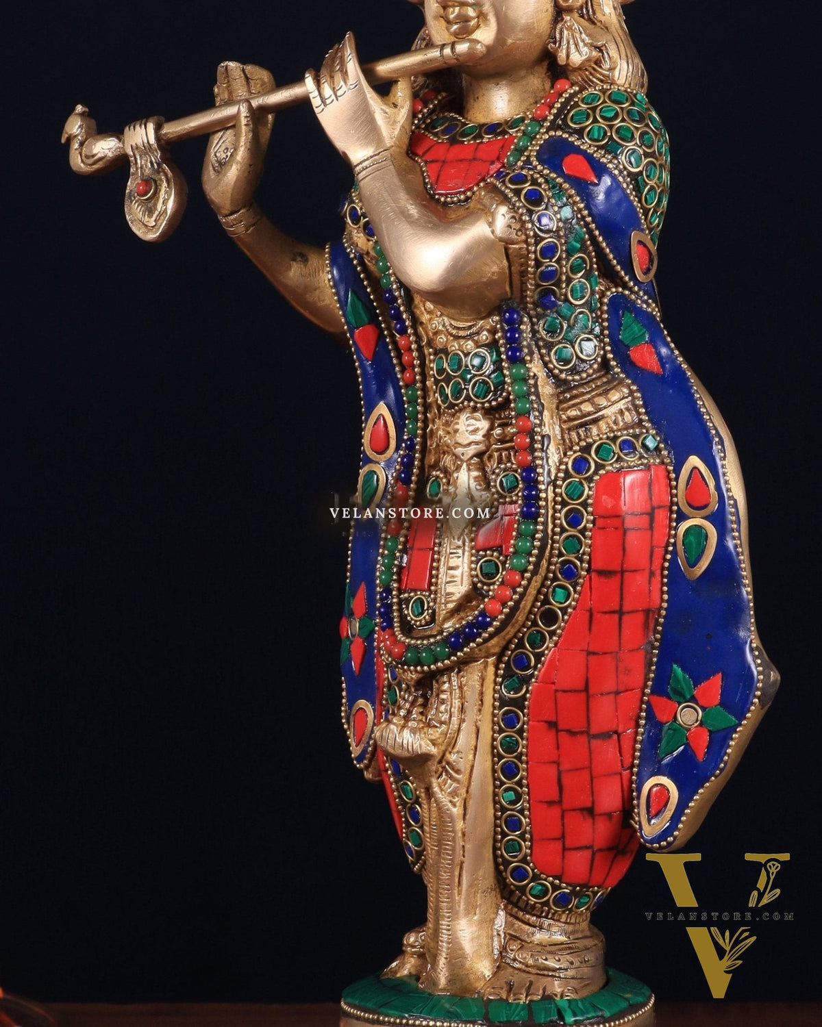 Brass Lord Krishna Idol with stonework - 18 Inch