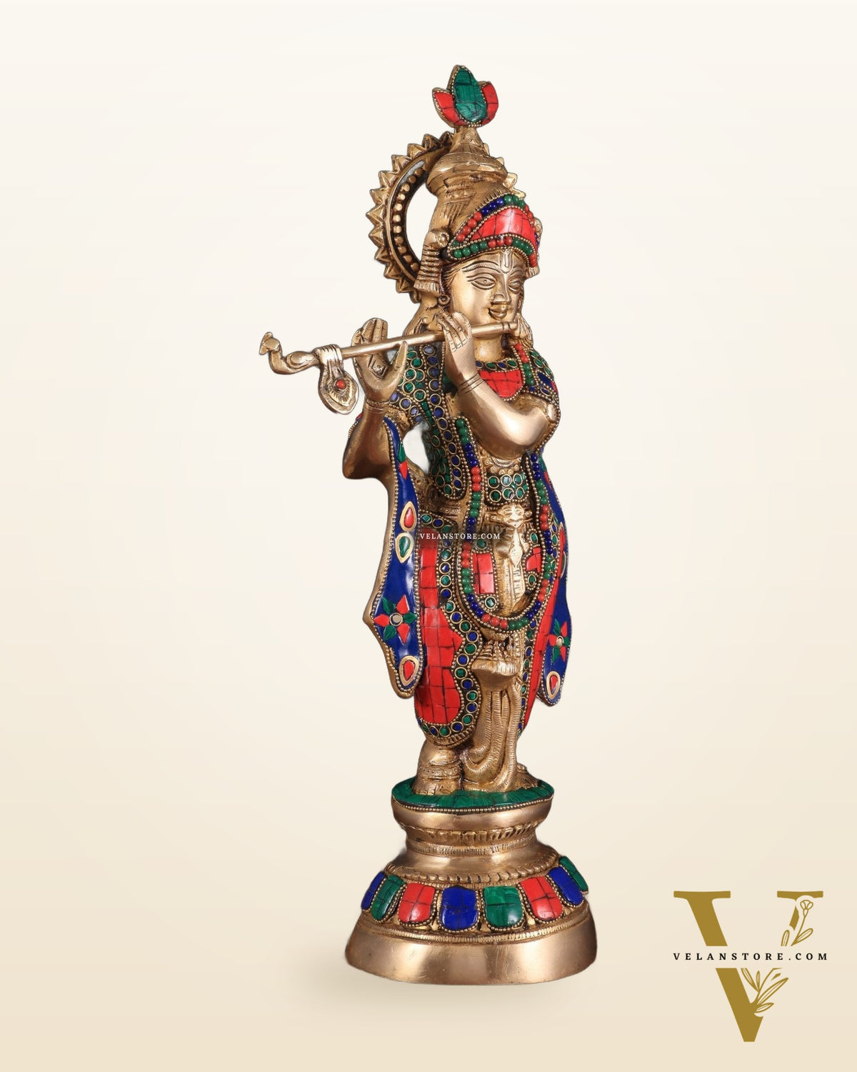 Brass Lord Krishna Idol with stonework - 18 Inch