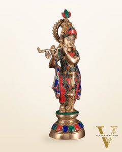 Brass Lord Krishna Idol with stonework - 18 Inch