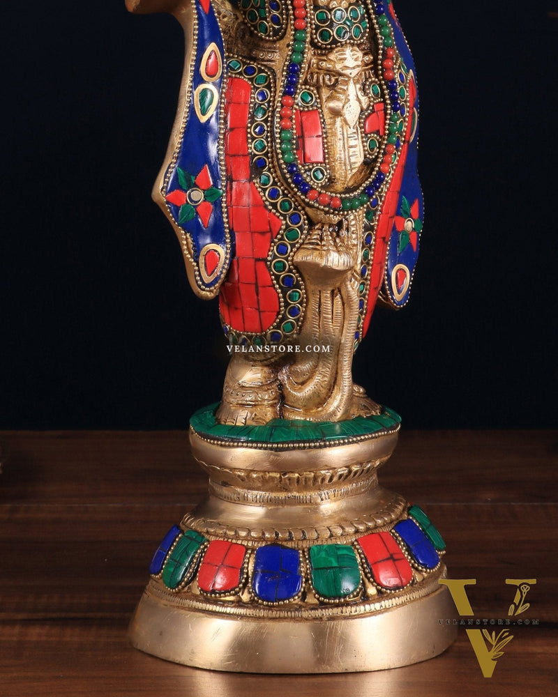 Brass Lord Krishna Idol with stonework - 18 Inch