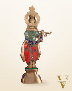 Brass Lord Krishna Idol with stonework - 18 Inch