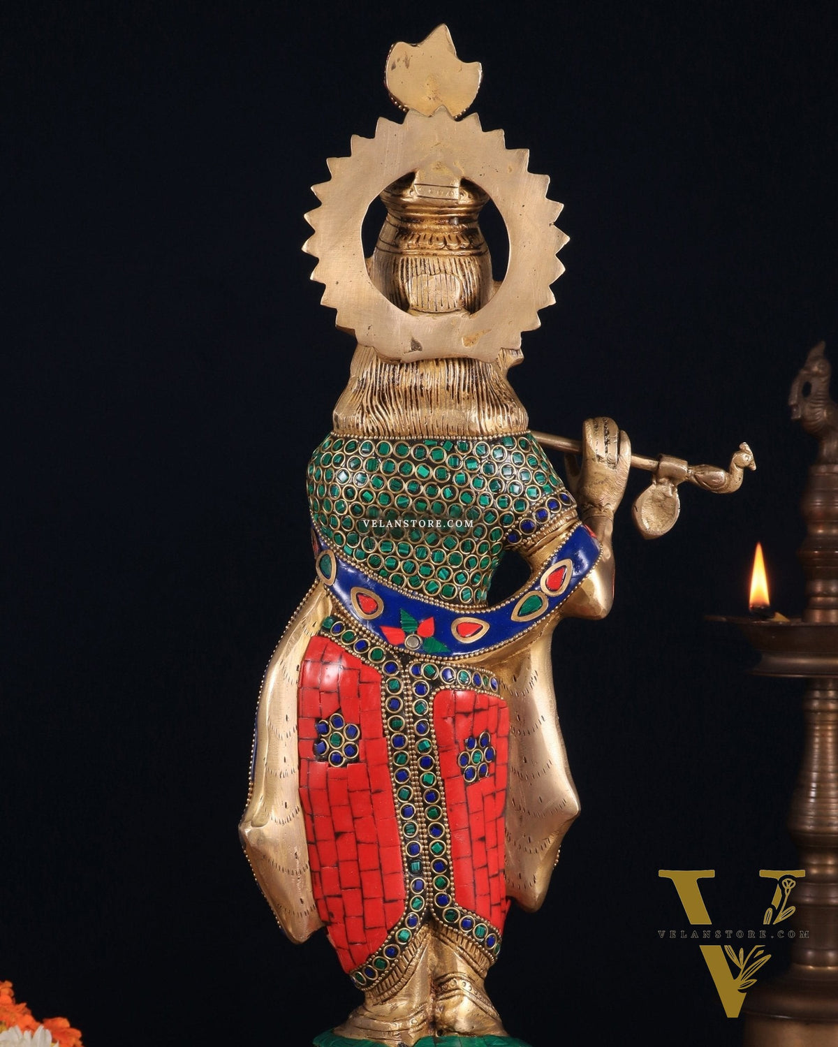 Brass Lord Krishna Idol with stonework - 18 Inch
