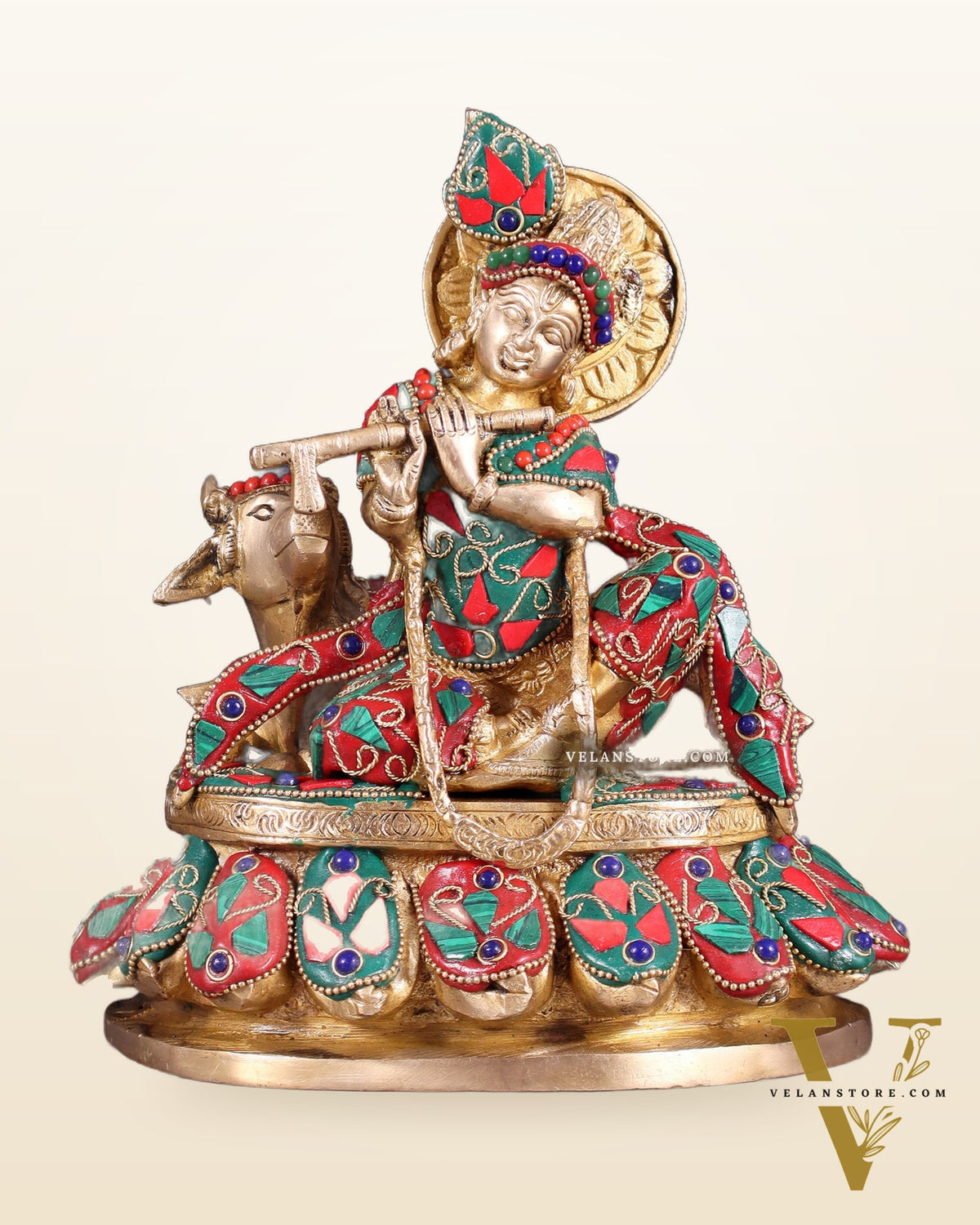 Brass Lord krishna sitting with cow 7.5"