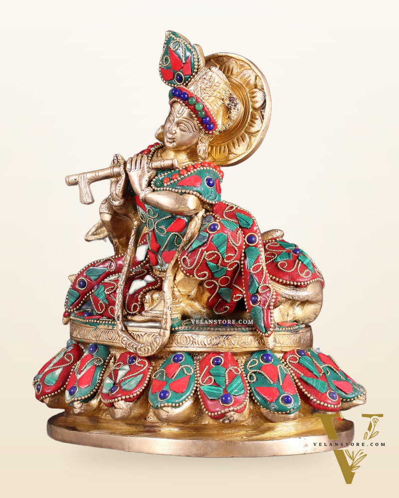 Brass Lord krishna sitting with cow 7.5"