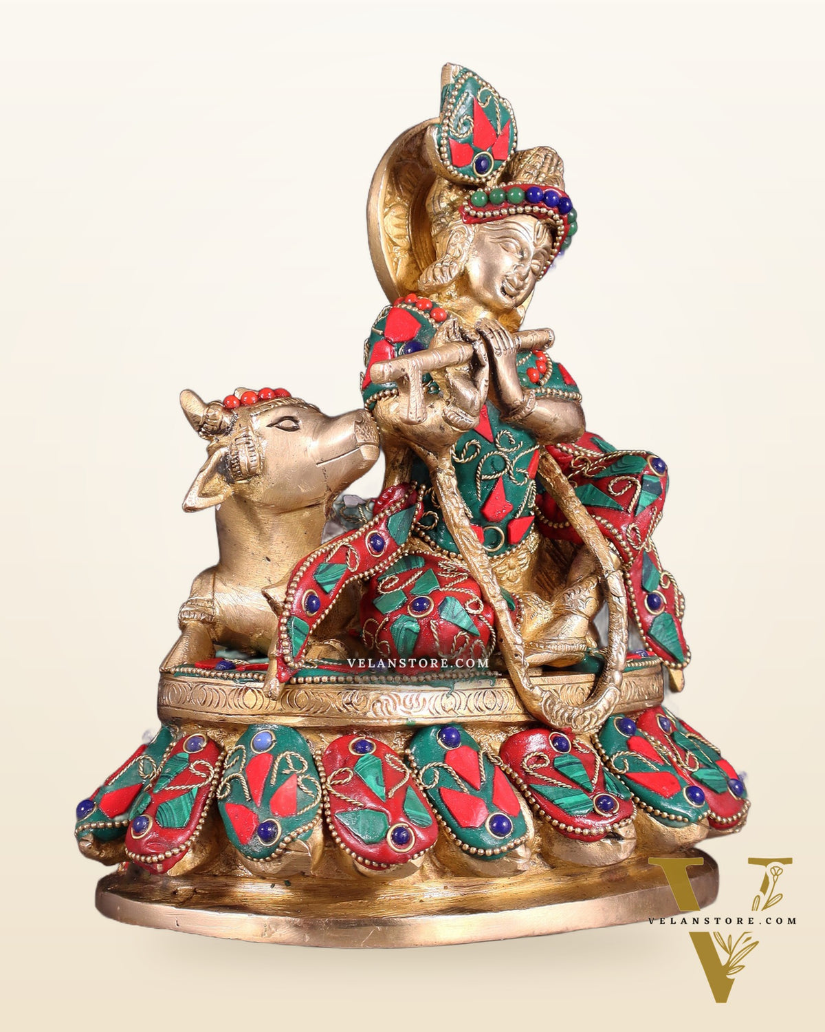 Brass Lord krishna sitting with cow 7.5"