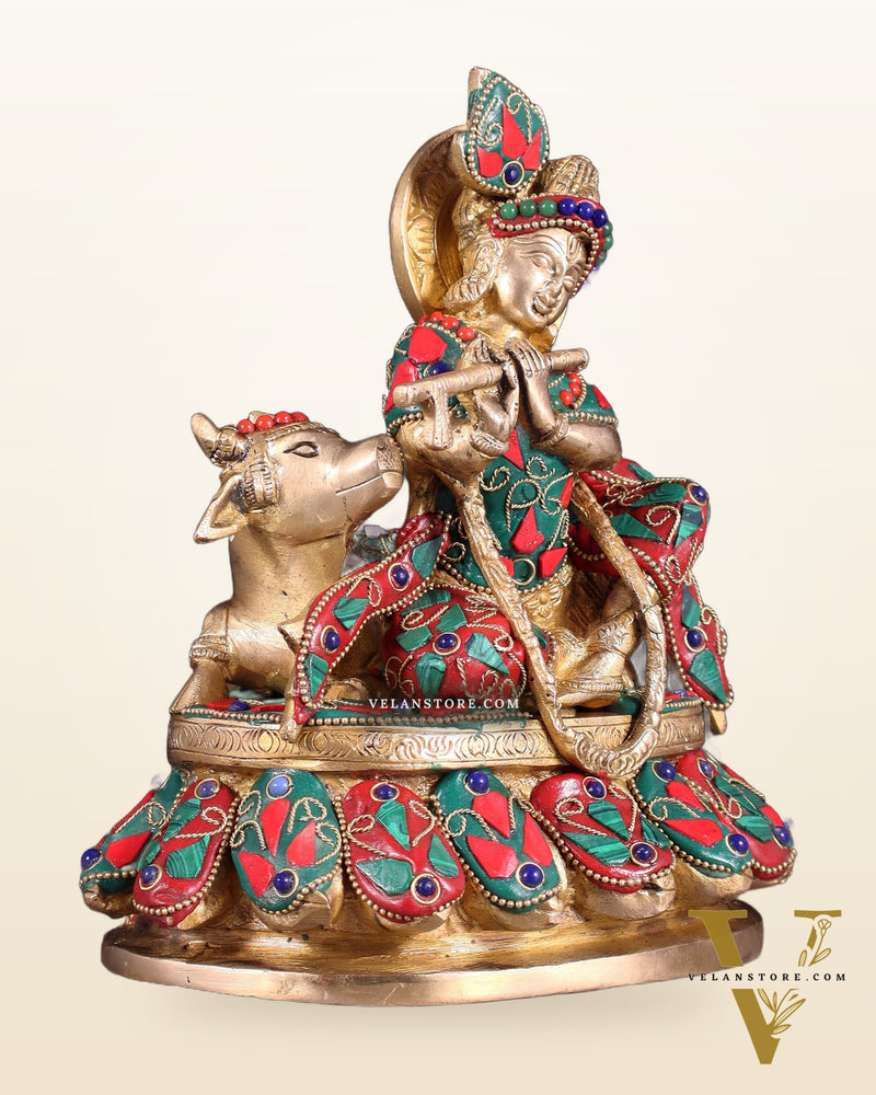 Brass Lord krishna sitting with cow 7.5"