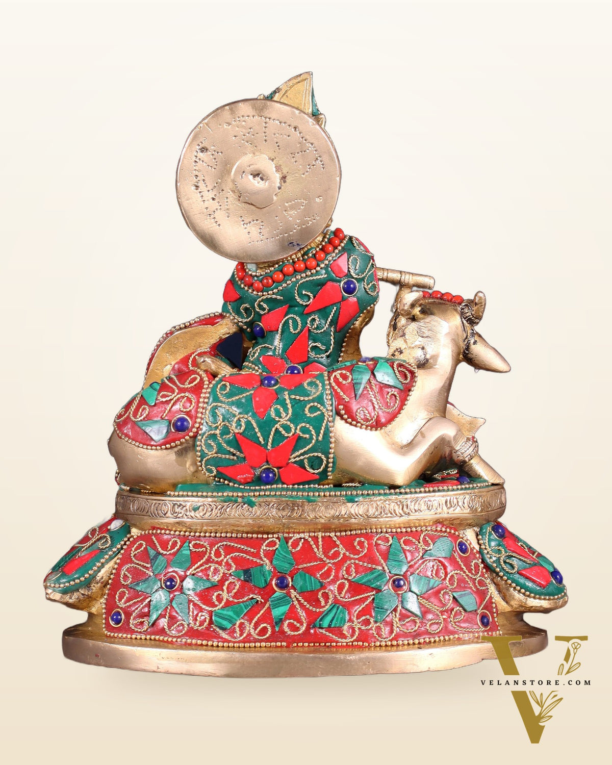 Brass Lord krishna sitting with cow 7.5"