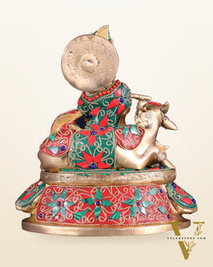 Brass Lord krishna sitting with cow 7.5"