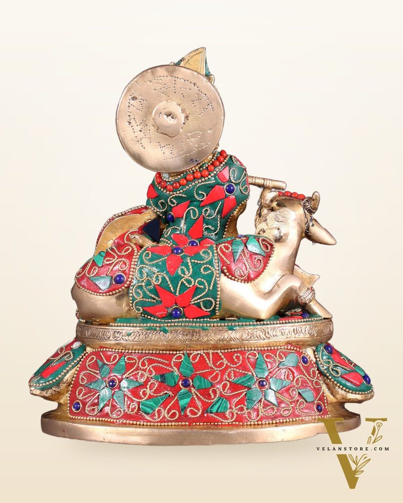Brass Lord krishna sitting with cow 7.5"