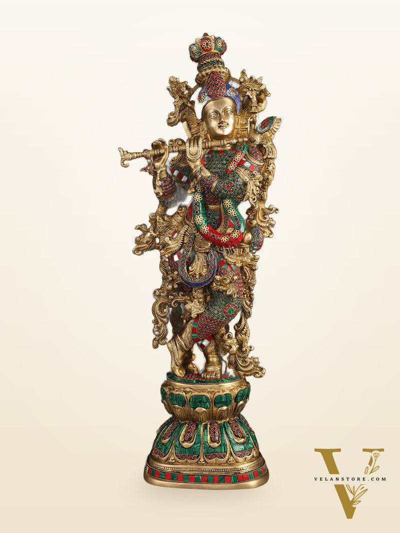 Brass Lord Krishna statue 30 inch multicolour