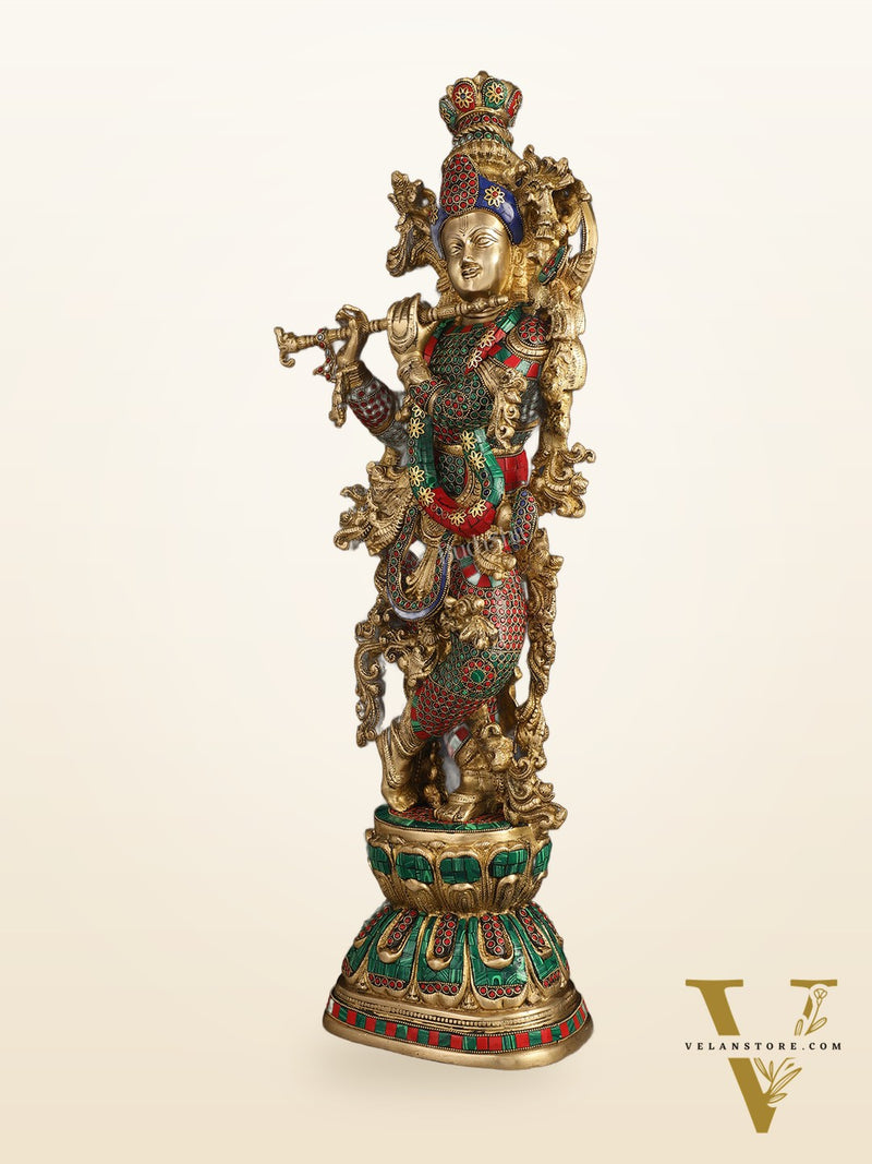 Brass Lord Krishna statue 30 inch multicolour