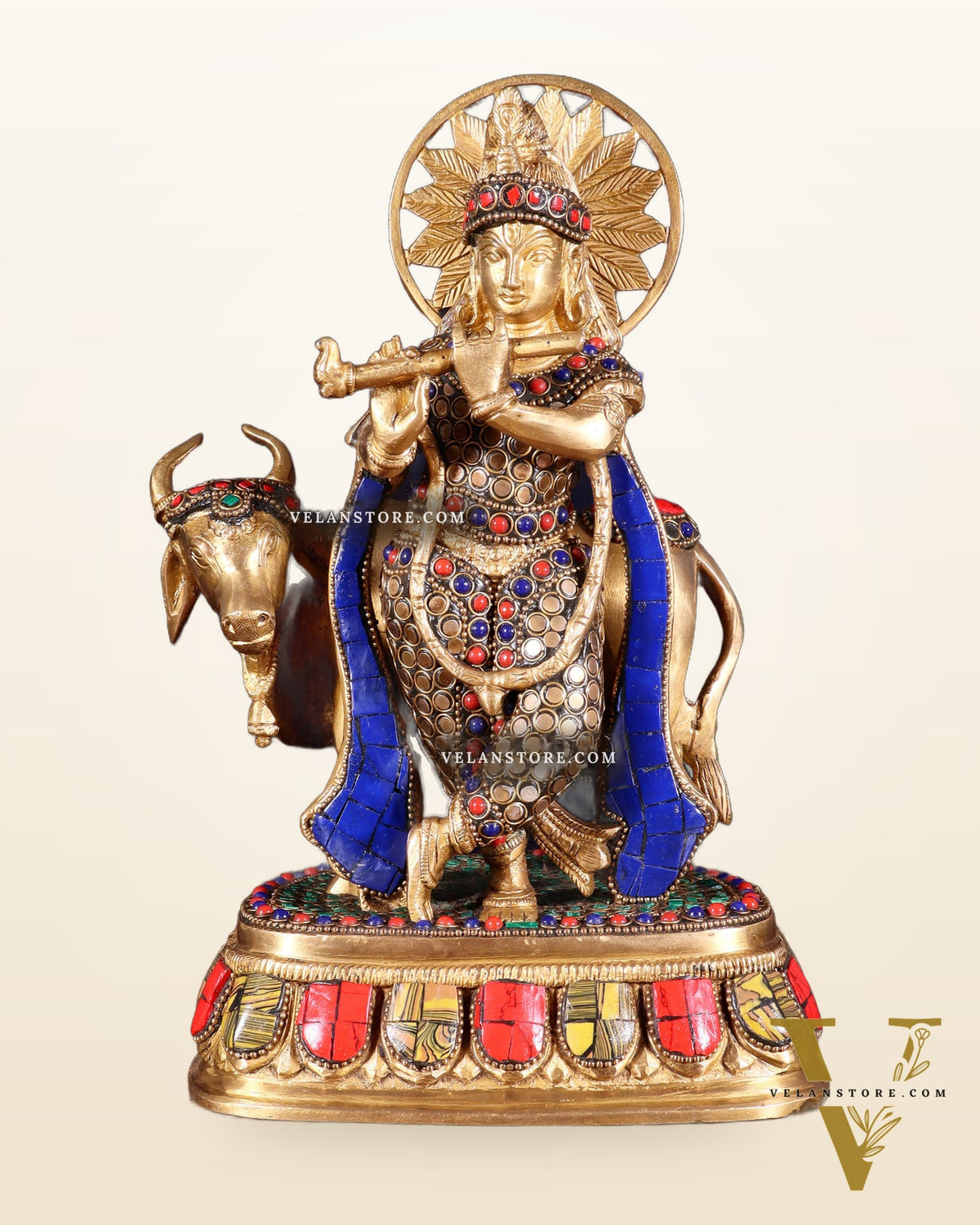 Brass Lord Krishna Statue with cow idol 9"
