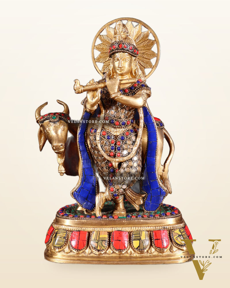Brass Lord Krishna Statue with cow idol 9"