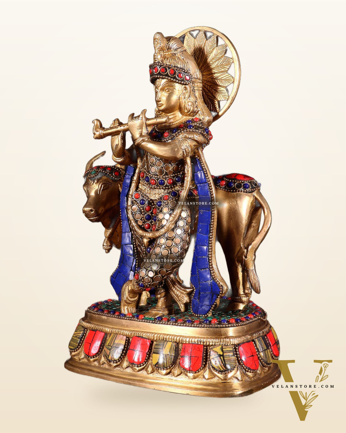 Brass Lord Krishna Statue with cow idol 9"