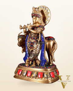 Brass Lord Krishna Statue with cow idol 9"