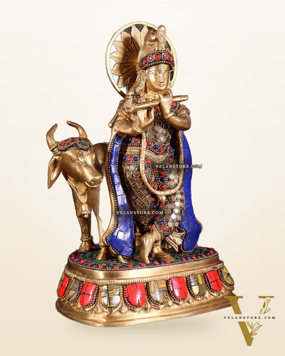Brass Lord Krishna Statue with cow idol 9"