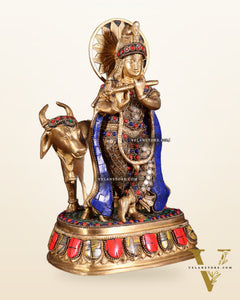 Brass Lord Krishna Statue with cow idol 9"