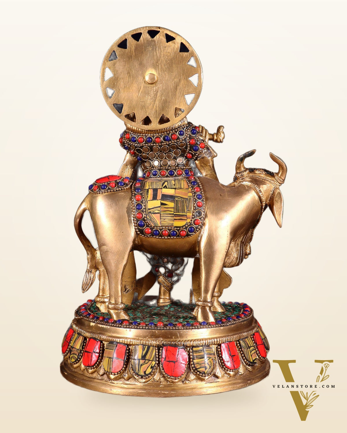Brass Lord Krishna Statue with cow idol 9"