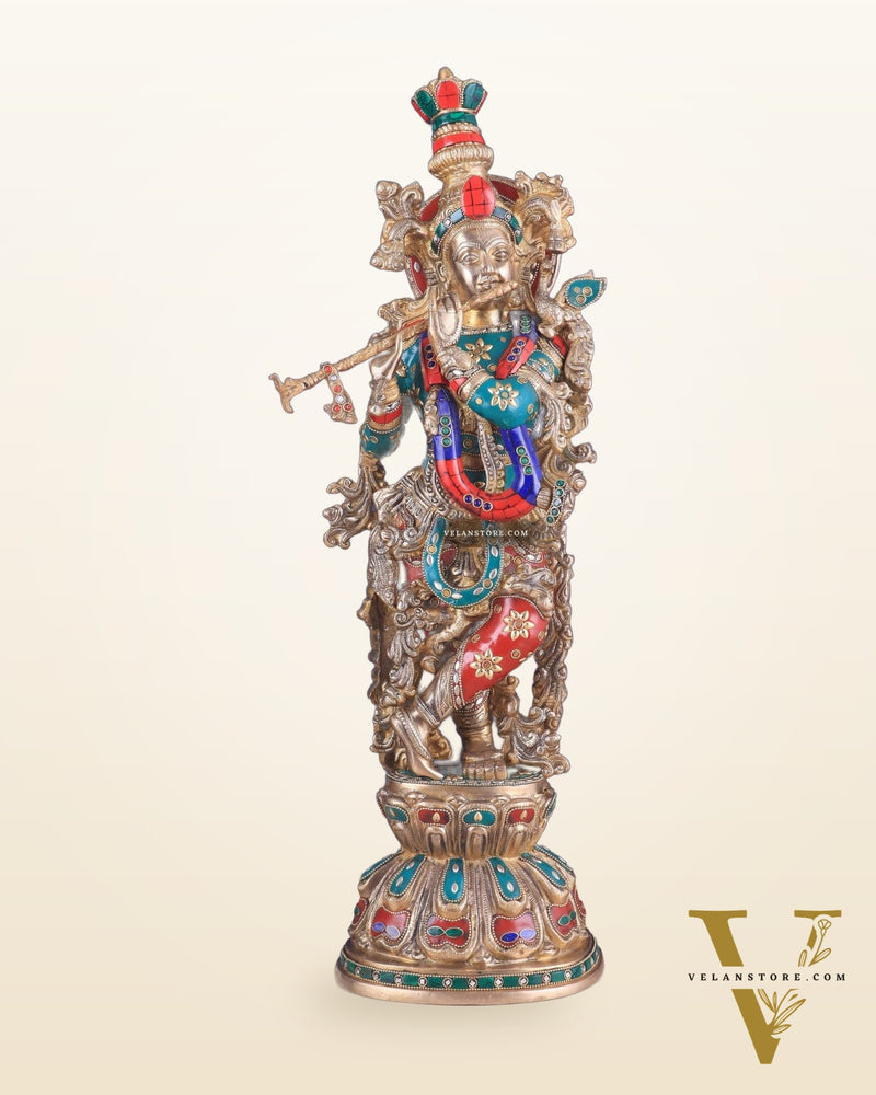 Brass Lord Krishna Statue with stonework 25 inch