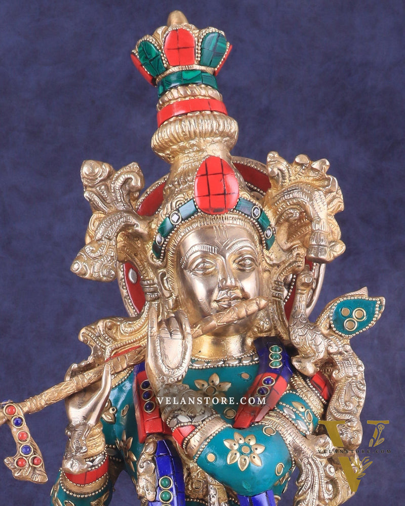 Brass Lord Krishna Statue with stonework 25 inch
