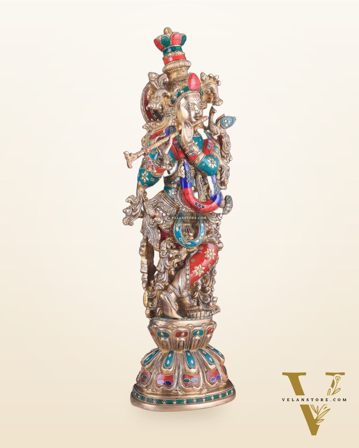 Brass Lord Krishna Statue with stonework 25 inch