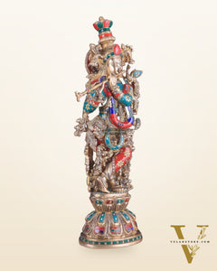 Brass Lord Krishna Statue with stonework 25 inch