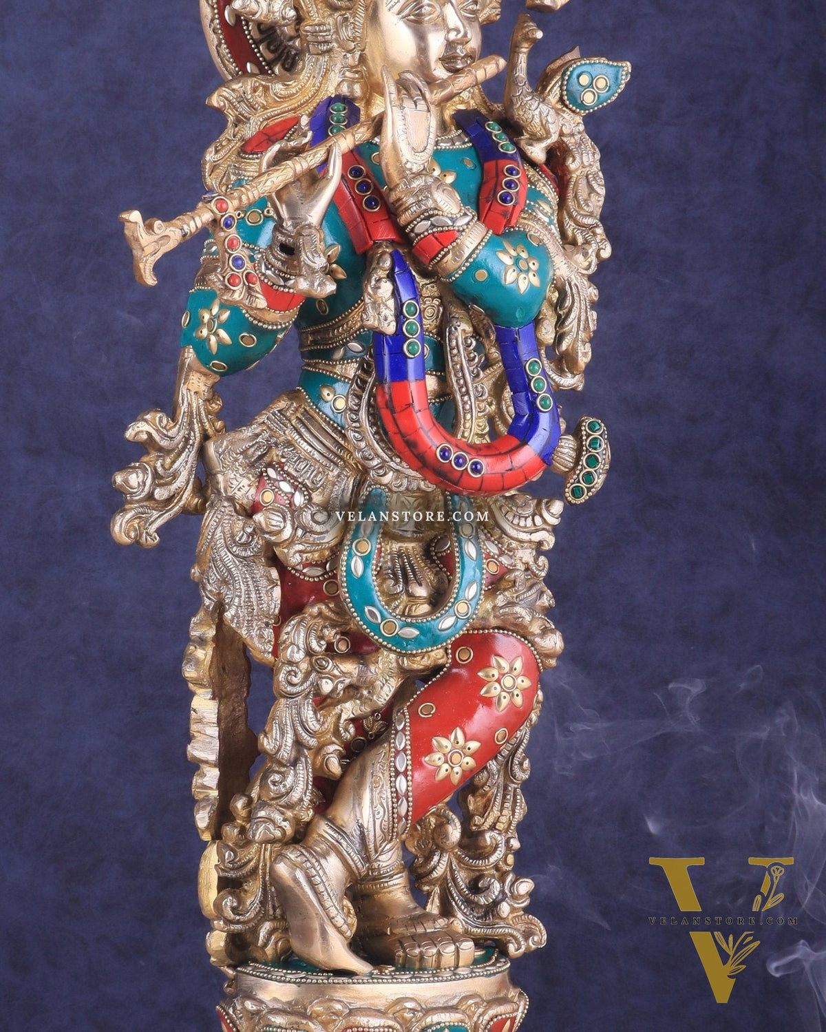 Brass Lord Krishna Statue with stonework 25 inch