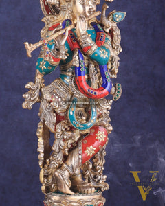 Brass Lord Krishna Statue with stonework 25 inch
