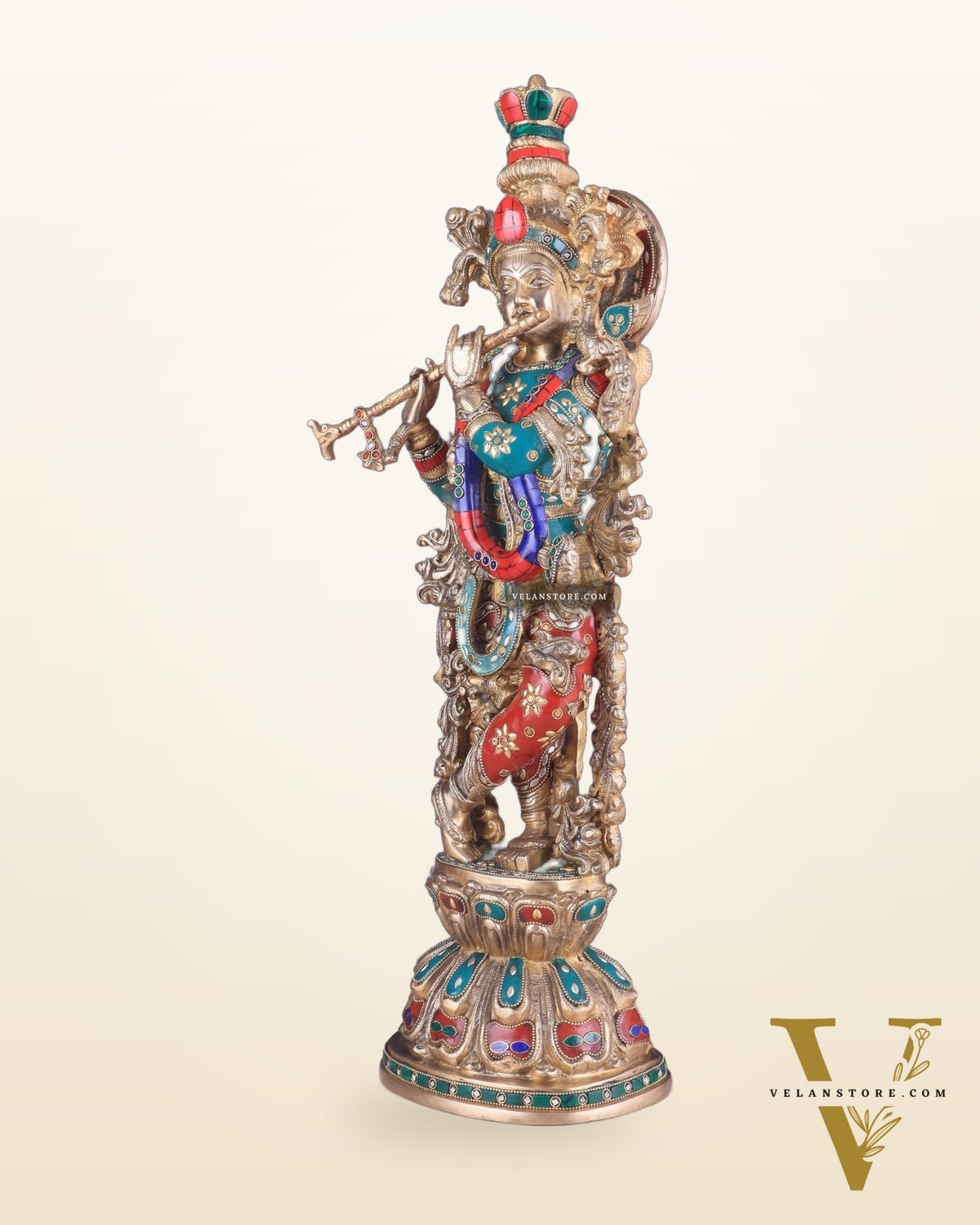 Brass Lord Krishna Statue with stonework 25 inch