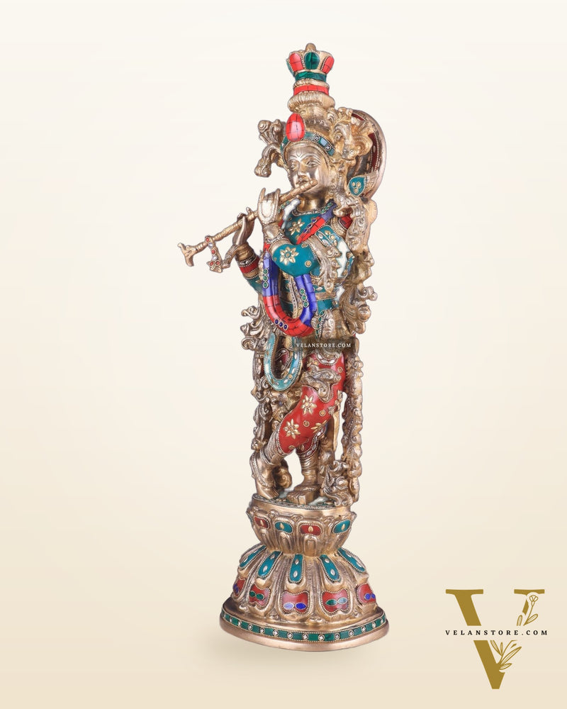Brass Lord Krishna Statue with stonework 25 inch