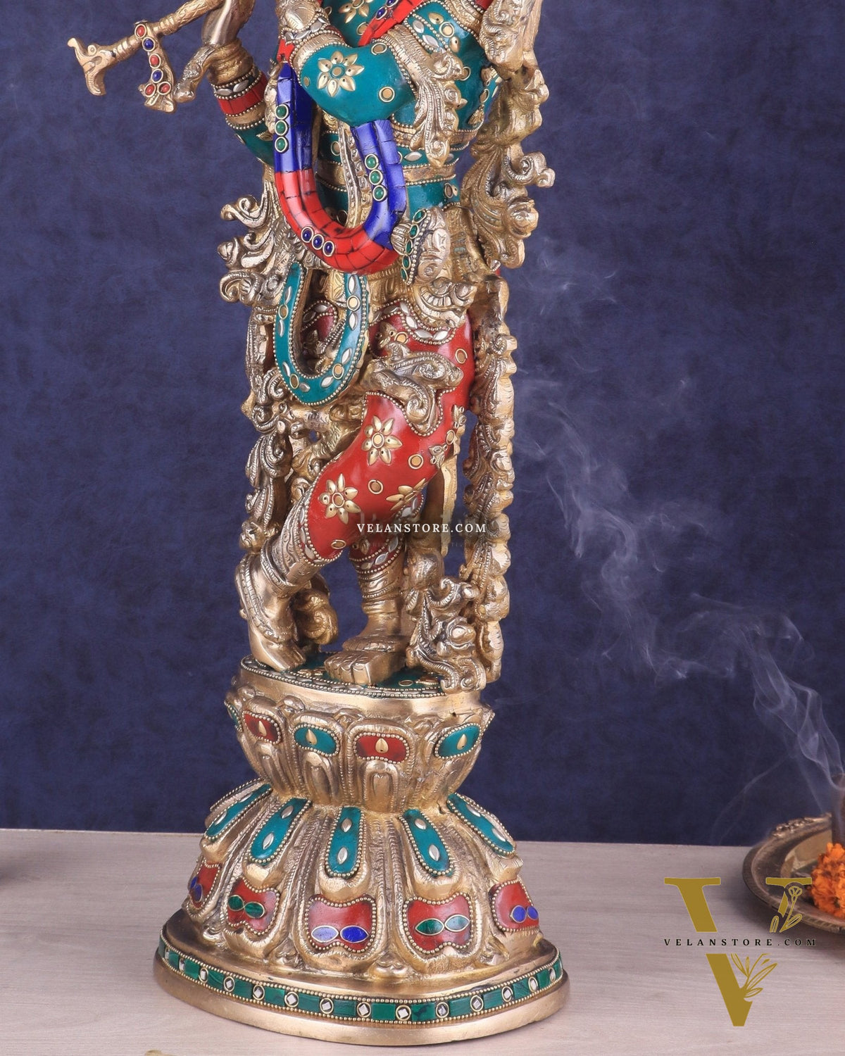 Brass Lord Krishna Statue with stonework 25 inch
