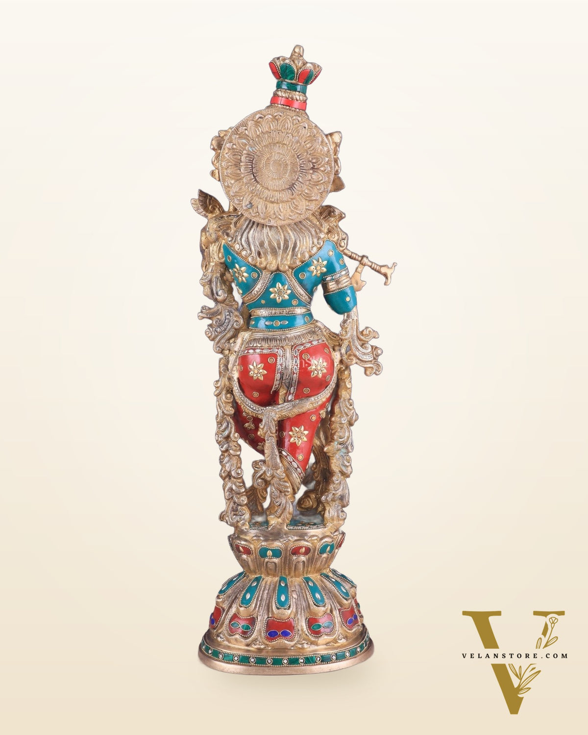 Brass Lord Krishna Statue with stonework 25 inch