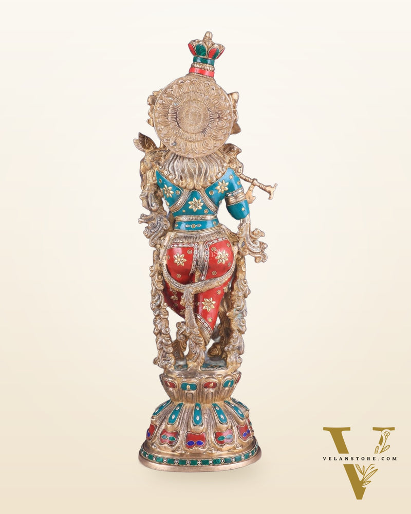 Brass Lord Krishna Statue with stonework 25 inch