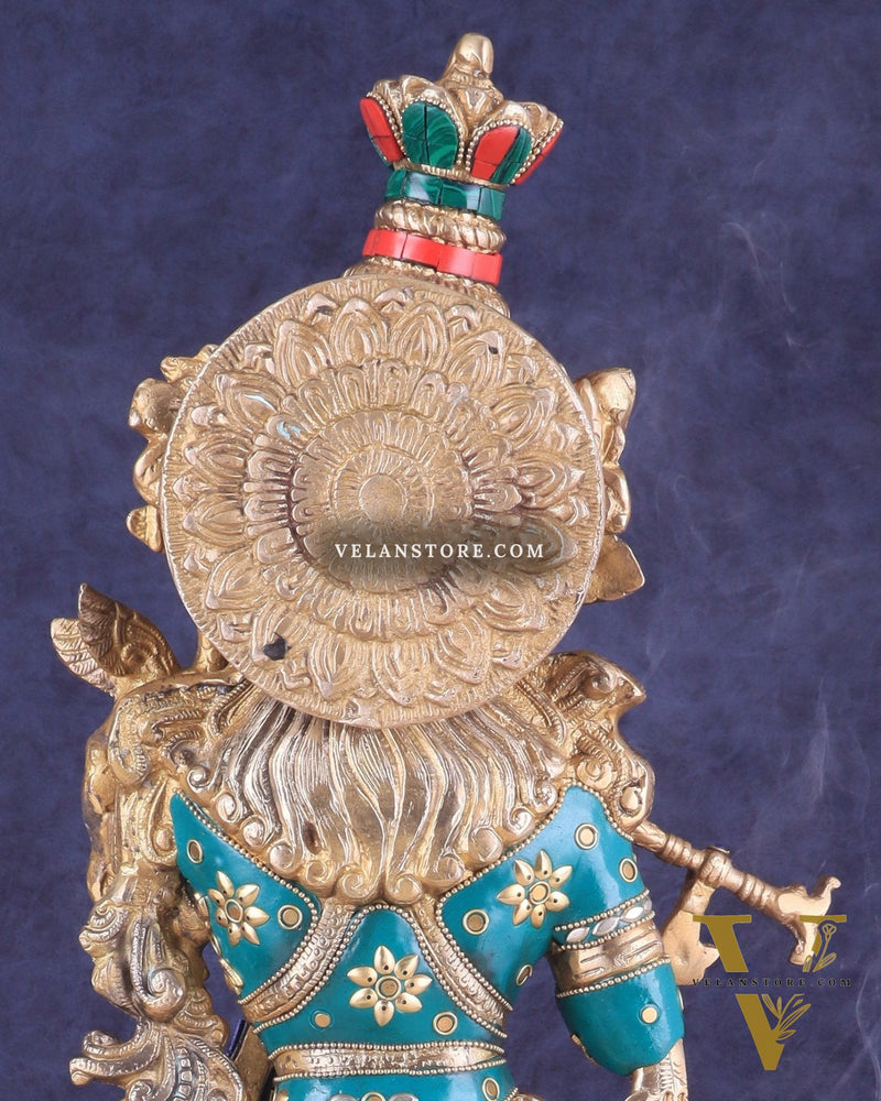 Brass Lord Krishna Statue with stonework 25 inch