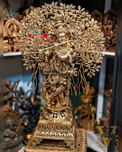 Brass Lord Krishna statue with tree - 36 inch
