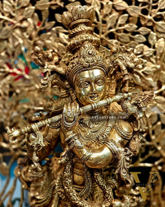 Brass Lord Krishna statue with tree - 36 inch