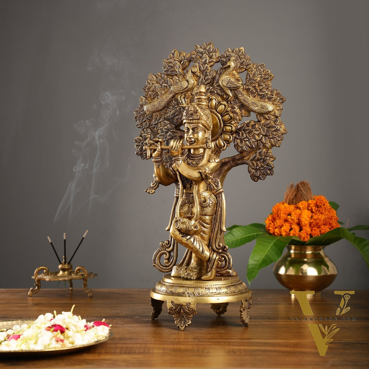Brass Lord Krishna under Kalpavriksha 18"