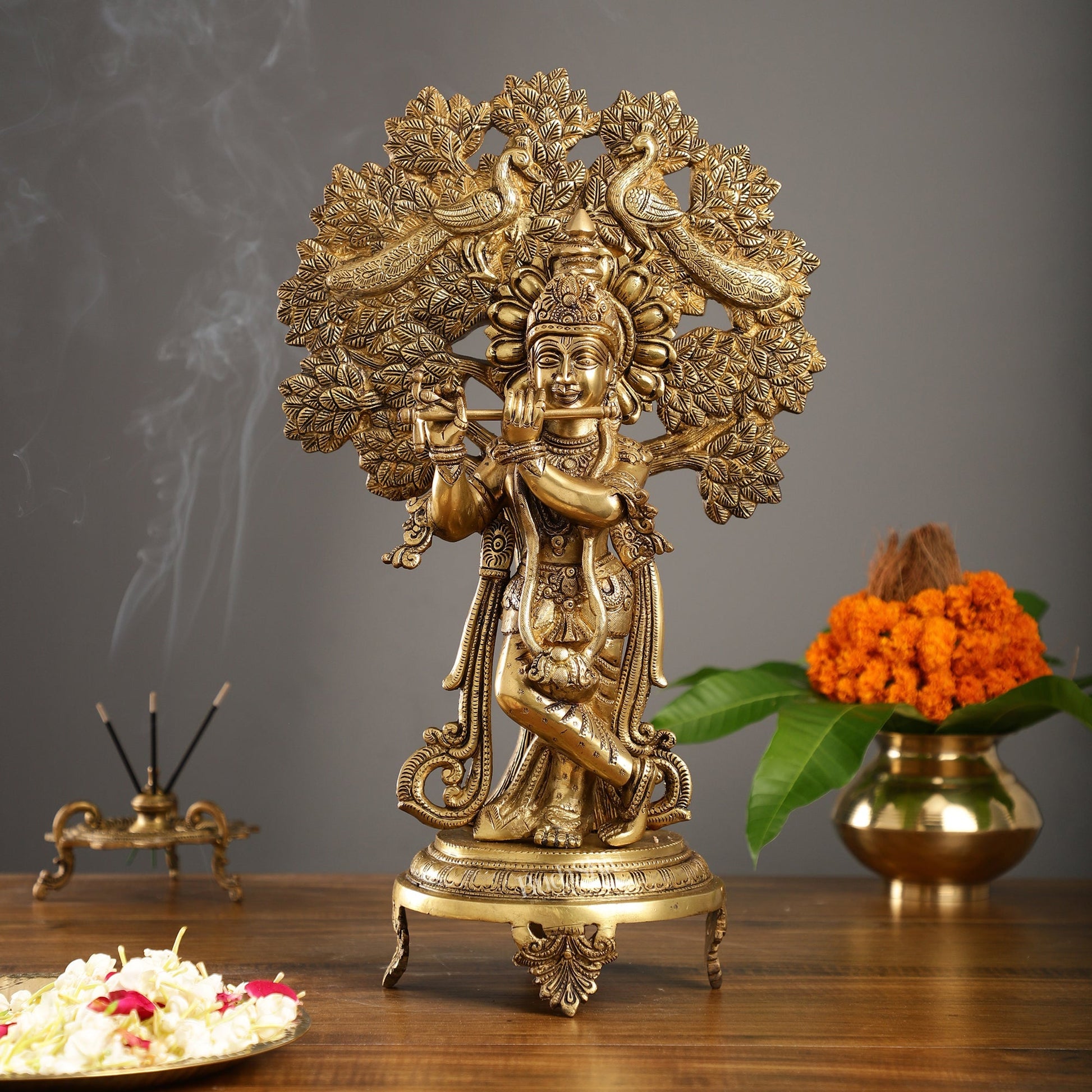 Brass Lord Krishna under Kalpavriksha 18"