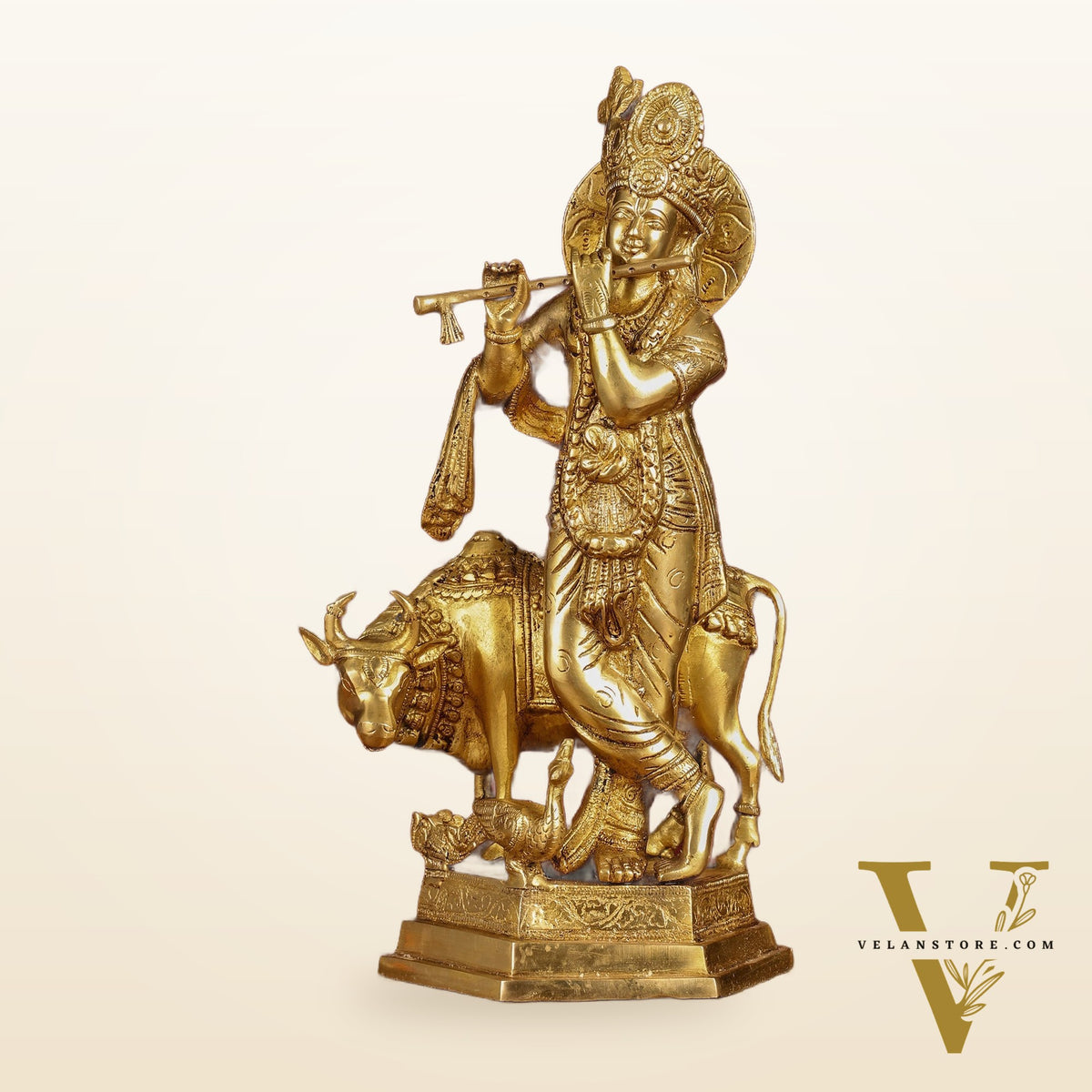 Brass Lord Krishna with Cow and Peacock | 16.5" Height